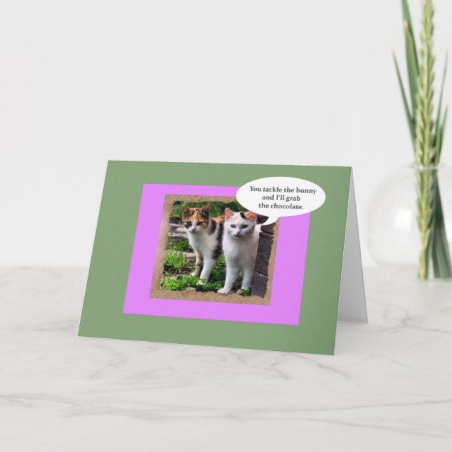 Cartão De Festividades Dois gatos médios abordam o coelhinho da Páscoa (Frente)