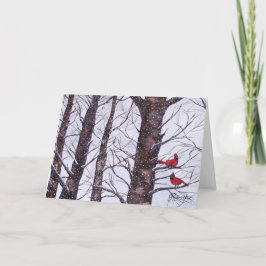 Cartão De Festividades Dois Pássaros Vermelhos no Inverno
