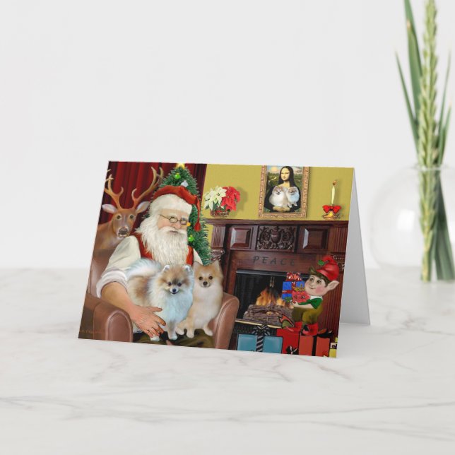 Cartão De Festividades Dois Pomeranianos de papais noeis (Frente)