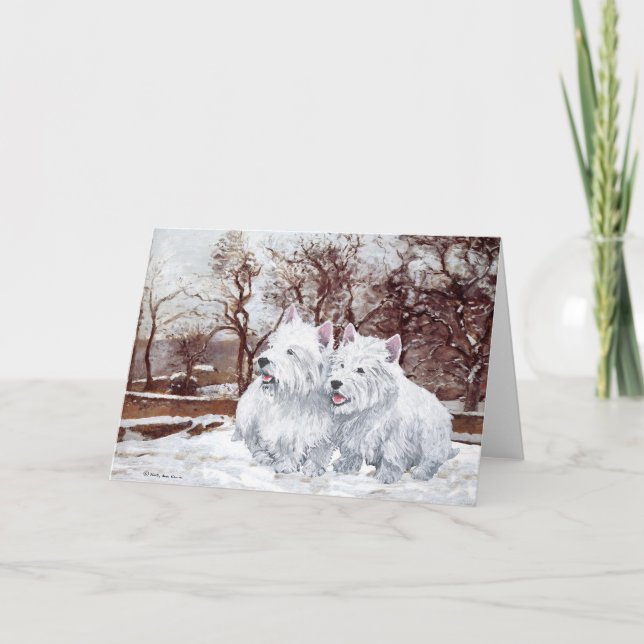 Cartão De Festividades Dois Westies no inverno (Frente)
