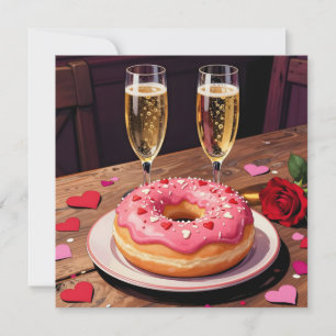 Cartão De Festividades Donuts de Morango, Champanhe e Rosa de São Valenti