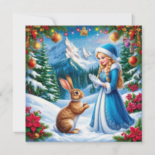 Cartão De Festividades Donzela de Neve em Cena de Floresta de Inverno Com