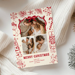 Cartão De Festividades Doodle Vermelho Divertido de 3 Fotos de Natal