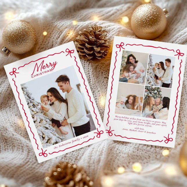 Cartão De Festividades Doodle Whimsical Red Bow Photo collage Christmas   (Criador carregado)