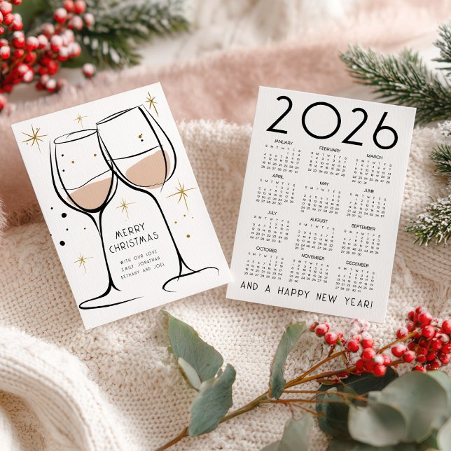 Cartão De Festividades Doodle Wine Glasses 2026 Calendar Merry Christmas (Front and back view)