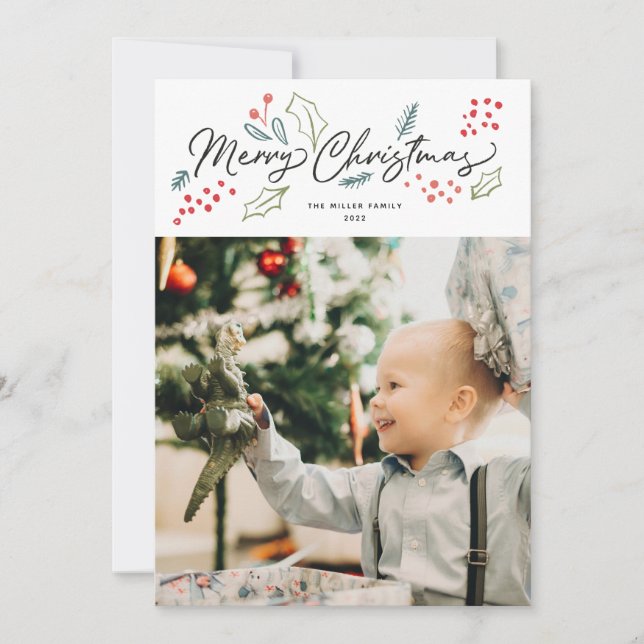 Cartão De Festividades Doodles Colorcidos Feliz Foto de Natal (Frente)