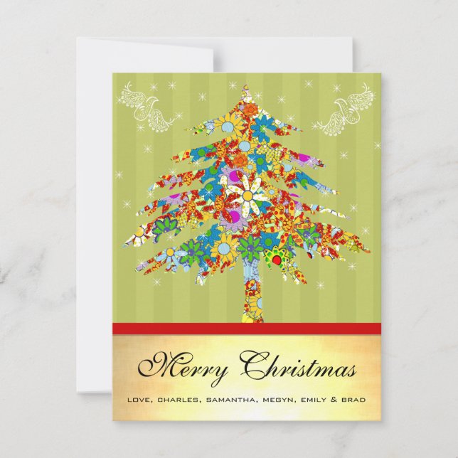 Cartão De Festividades Dourada Árvore Floral de Natal com Estrelas (Frente)