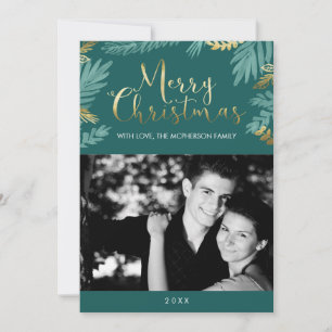 Cartão De Festividades Dourada e verde deixa feliz foto de Natal