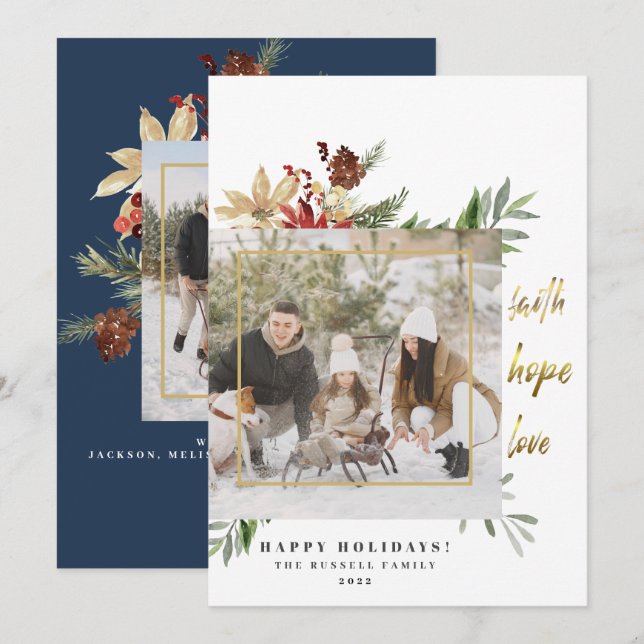 Cartão De Festividades Dourada Fé Esperança Ama Duas Fotografias Azul Nat (Frente/Verso)