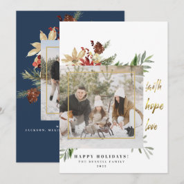 Cartão De Festividades Dourada Fé Esperança Ama Duas Fotografias Azul Nat