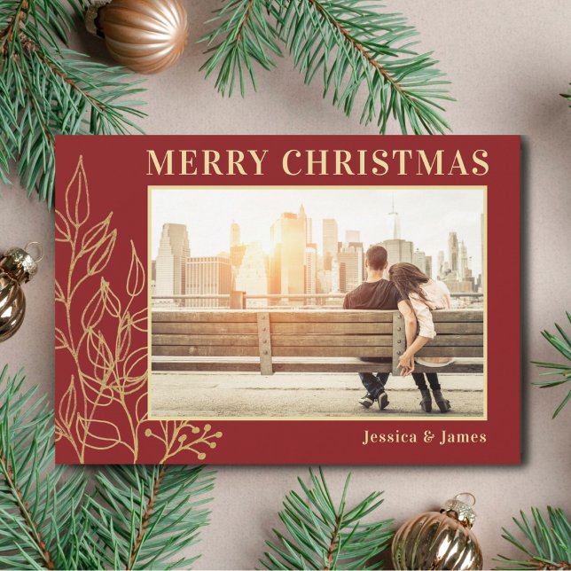 Cartão De Festividades Dourada Foliage Burgundy Foto Feliz Natal (Criador carregado)