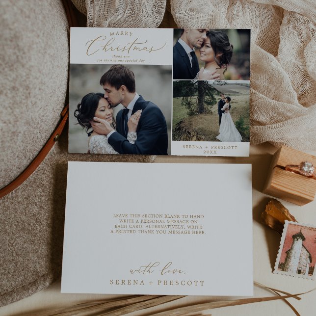 Cartão De Festividades Dourada Foto De Casamento De Natal Obrigado Ho (Criador carregado)