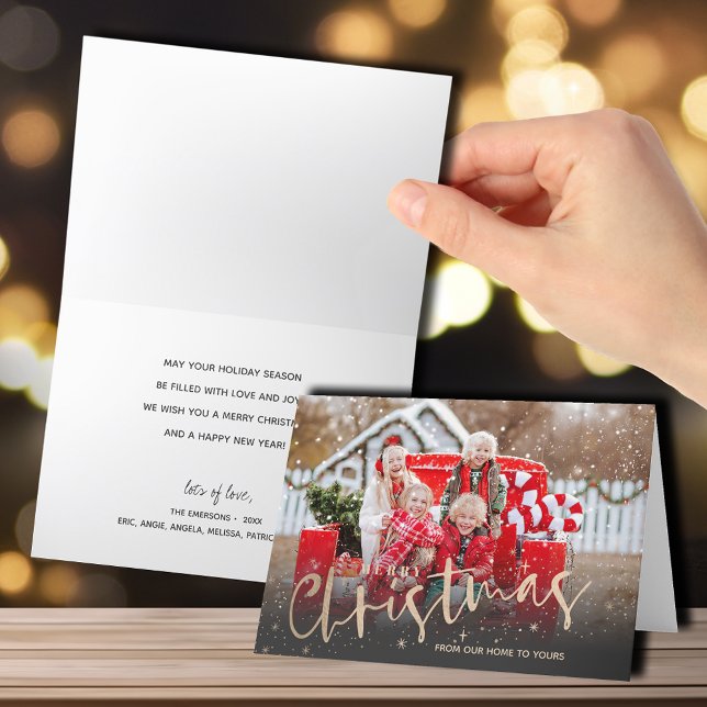 Cartão De Festividades Dourada Foto de Natal Folgado (Gold Merry Christmas script folded photo holiday cards)