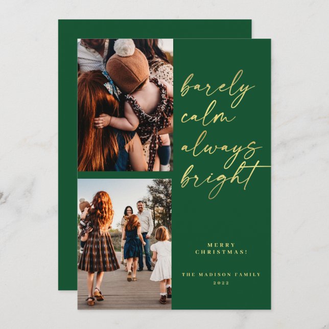 Cartão De Festividades Dourada Foto Sempre Brilhante Verde de Natal (Frente/Verso)