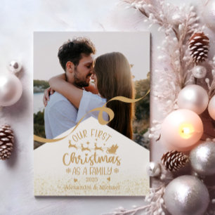 Cartão De Festividades Dourada Glitter Primeiro Natal como Foto da Famíli