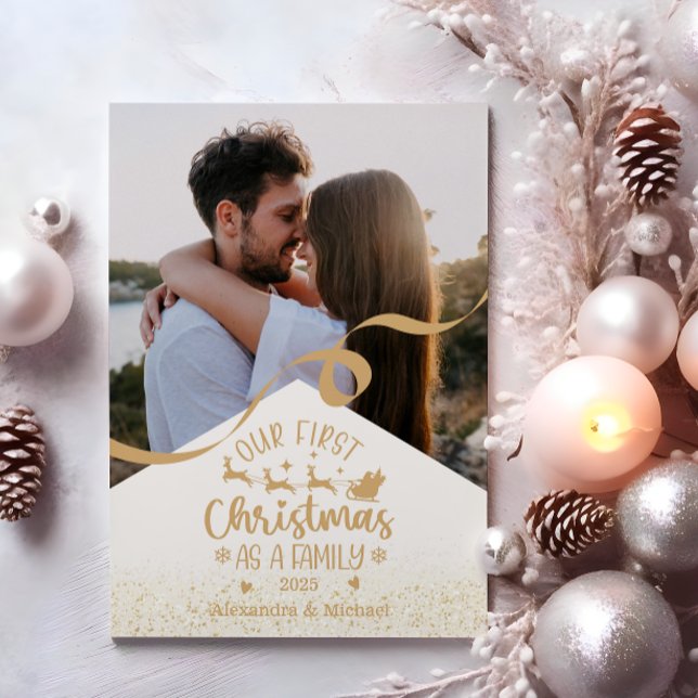Cartão De Festividades Dourada Glitter Primeiro Natal como Foto da Famíli (Criador carregado)