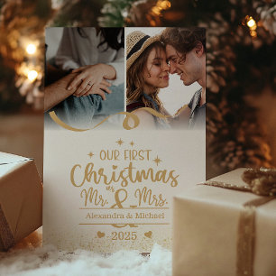 Cartão De Festividades Dourada Glitter Primeiro Natal Vertical 2 Foto