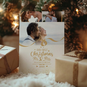 Cartão De Festividades Dourada Glitter Primeiro Natal Vertical 3 Foto