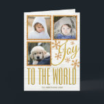 Cartão De Festividades Dourada Joy Snowflake Para A Foto Do Mundo 3<br><div class="desc">Crie seus próprios cartões de natal personalizados com essa alegria de floco de neve dourada para o design de modelo de colagem de fotos do Mundo 3. Adicione 3 de suas fotos favoritas ao design, onde elas estão cercadas por uma falsa borda de brilho dourado. A JOY em uma fonte...</div>