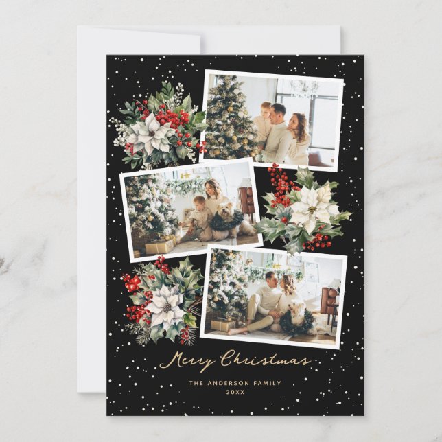 Cartão De Festividades Dourada negra Poinsettia Branca Foto Feliz Natal (Frente)