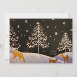Cartão De Festividades Dourada Vintage Deer Family em Snowy Christmas For