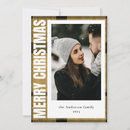 Cartão De Festividades Dourada Xadrez 1 Foto Natal do Elegante Modern Fau