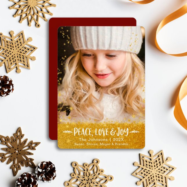 Cartão De Festividades Douradas estrelas Peace Love Joy Modern Script Pho (Criador carregado)