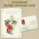 Cartão De Festividades Douradas Poinsettias católicas<br><div class="desc">Apresentando uma bela imagem vintage de uma cruz de ouro sobreposta com poinsetos vermelhos e flores de Natal. Outro belo buquê de Natal com um rosário é o dentro com um verso de escrituras por baixo. Todo texto pode ser modificado.</div>