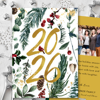 Cartão De Festividades Dourado 2025 Pine Festiva de Natal Foto Vermelha B