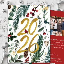 Cartão De Festividades Dourado 2025 Pine Festiva de Natal Foto Vermelha B