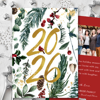 Cartão De Festividades Dourado 2025 Pine Festiva de Natal Foto Vermelha B