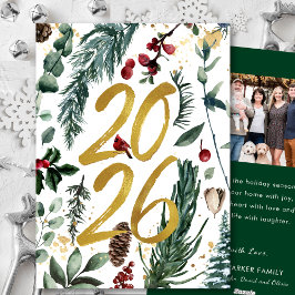 Cartão De Festividades Dourado 2025 Pine Festiva de Natal Foto Vermelha B