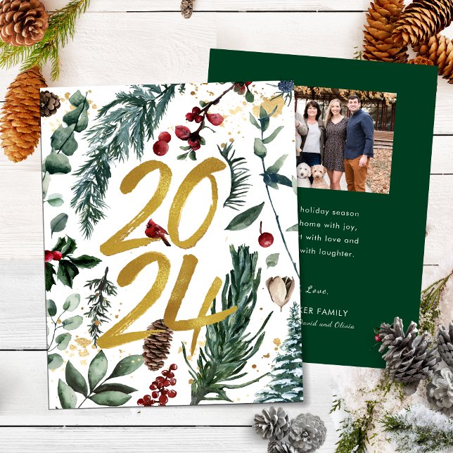 Cartão De Festividades Dourado 2025 Pine Festiva de Natal Foto Vermelha B (Criador carregado)