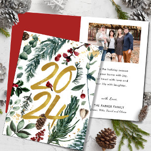 Cartão De Festividades Dourado 2025 Pine Festiva de Natal Foto Vermelha B