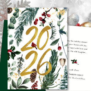 Cartão De Festividades Dourado 2025 Pinheiro Natal Festivo Bough Red Flor