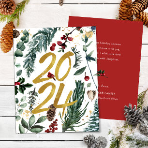 Cartão De Festividades Dourado 2025 Pinheiro Natal Festivo Bough Red Flor