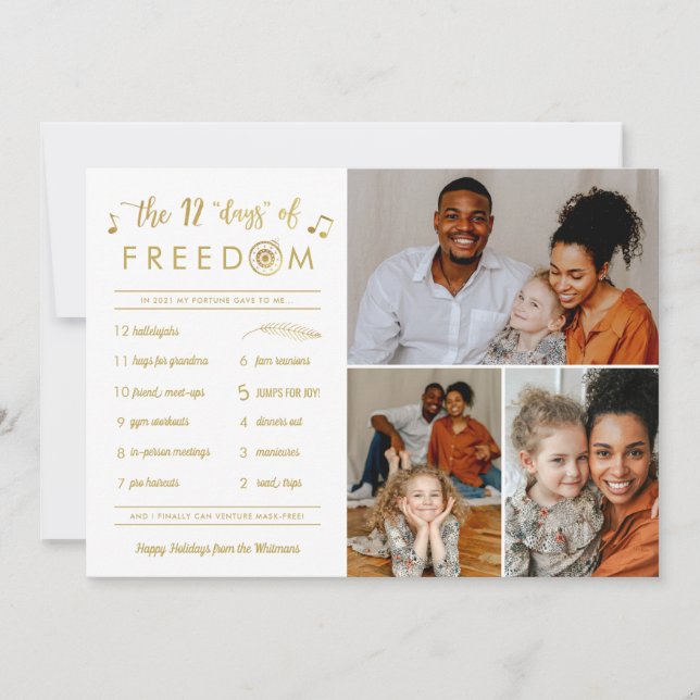 Cartão De Festividades Dourado 3 Foto Colagem Engraçado Posto Covid Natal (Frente)