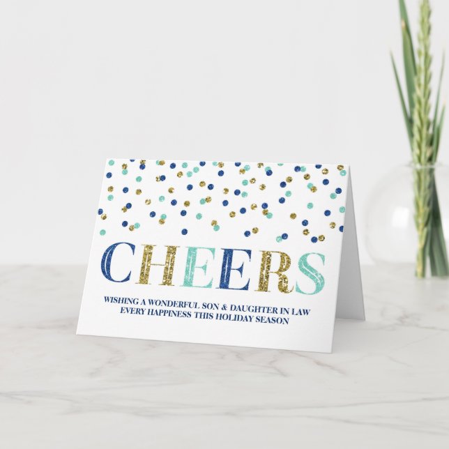 Cartão De Festividades Dourado Azul Confetti Natal Filho e Filha de Direi (Frente)