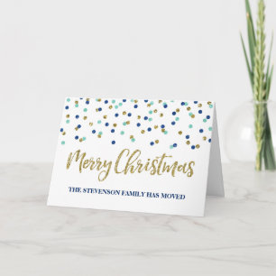 Cartão De Festividades Dourado Blue Confetti Feliz Natal Novo Endereço