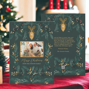 Cartão De Festividades Dourado da ilustração do pinheiro verde Foto Feliz