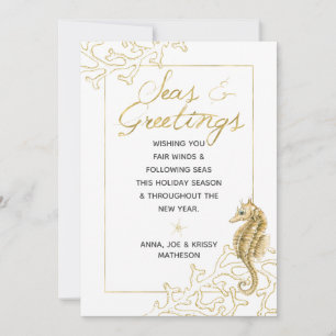 Cartão De Festividades Dourado e branco Mar e saudações Natal náutico