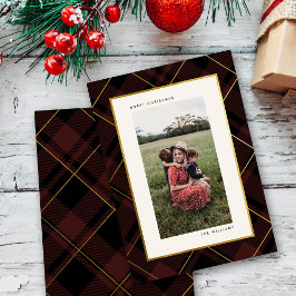 Cartão De Festividades Dourado e escuro Tartan Vermelho Feliz Foto de Nat