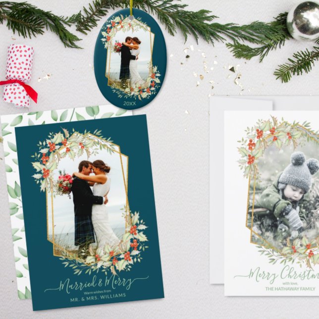 Cartão De Festividades Dourado e Holly casado e Feliz | Foto Geométrica (Criador carregado)