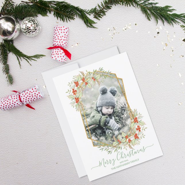 Cartão De Festividades Dourado e Holly | Quadro Geométrico (Criador carregado)