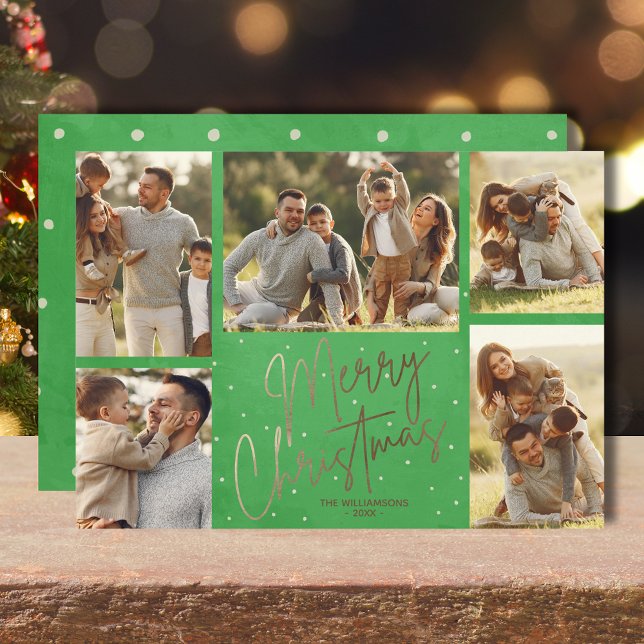 Cartão De Festividades Dourado Feliz Natal Cinco Fotos Verde (Gold faux foil Merry Christmas five photos flat green holiday cards with your greeting on the back)