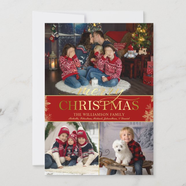 Cartão De Festividades Dourado Floco de Neve Foto Feliz Natal (Frente)