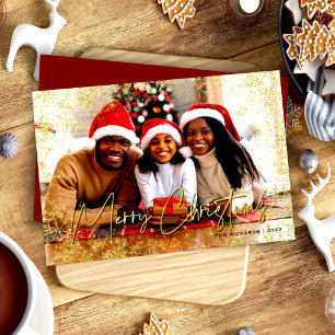 Cartão De Festividades Dourado Flocos de Neve Vermelho Feliz Natal