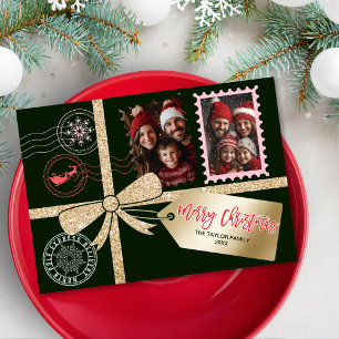 Cartão De Festividades Dourado Glitter Foto do Arco Gift Único Feliz Nata