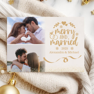 Cartão De Festividades Dourado Glitter Horizontal 2 Foto Alegre e Casado