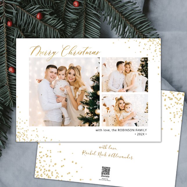 Cartão De Festividades Dourado Glitter Modern 3 Multi-Photo Natal (Criador carregado)